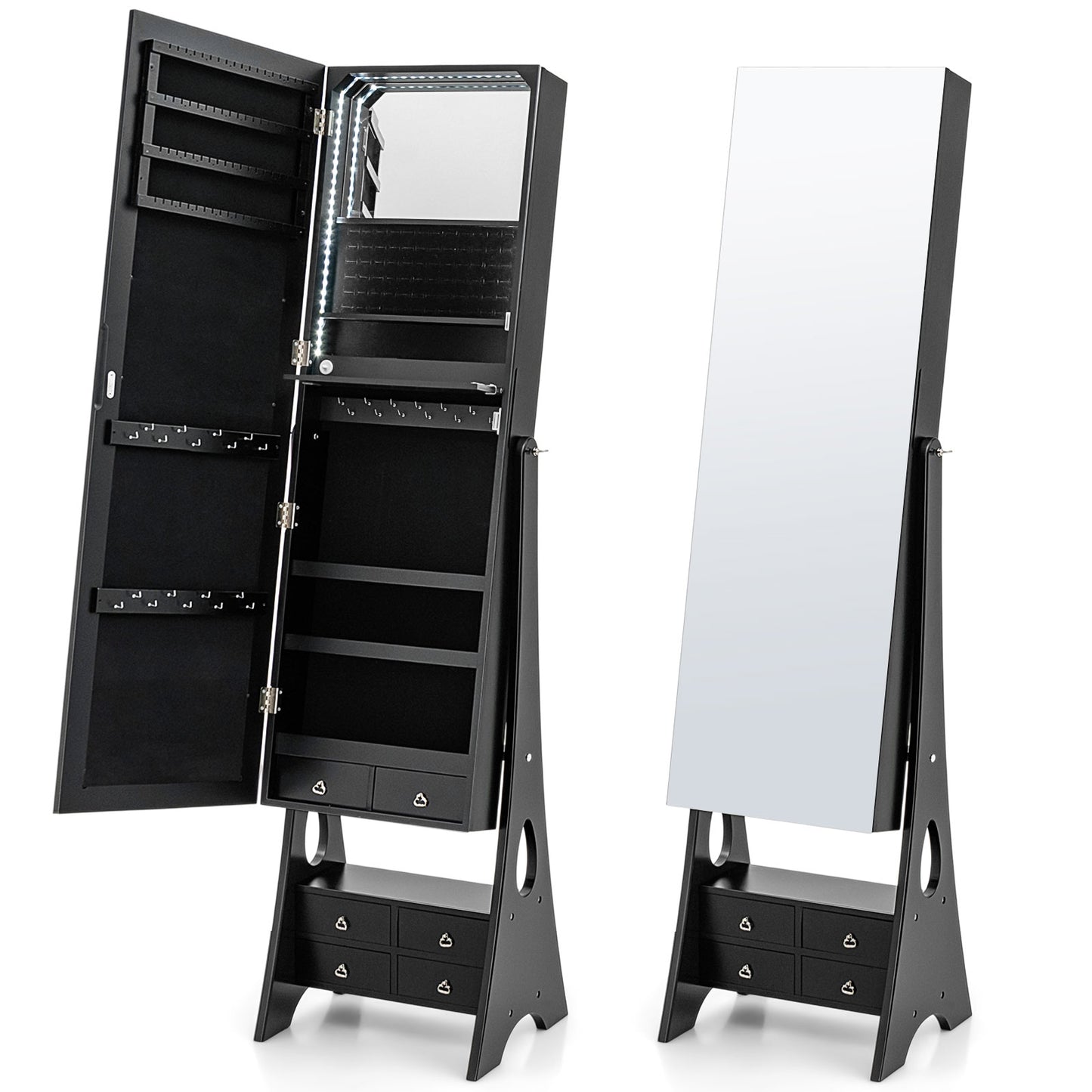 Freestanding Full Length LED Mirrored Jewelry Armoire with 6 Drawers-Black Kids Crystal