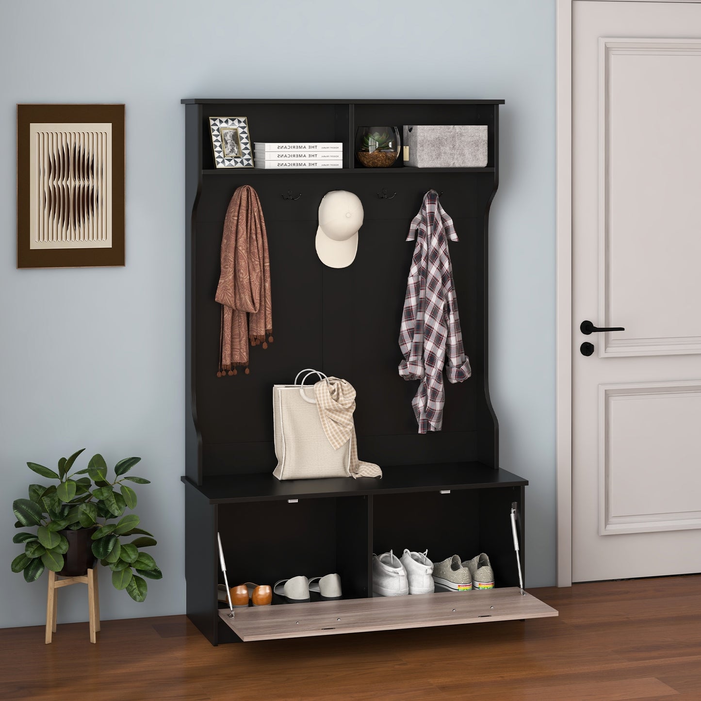 3 in 1 Coat Rack with Entryway Bench and Hooks and Enclosed Cabinet-Black Kids Crystal