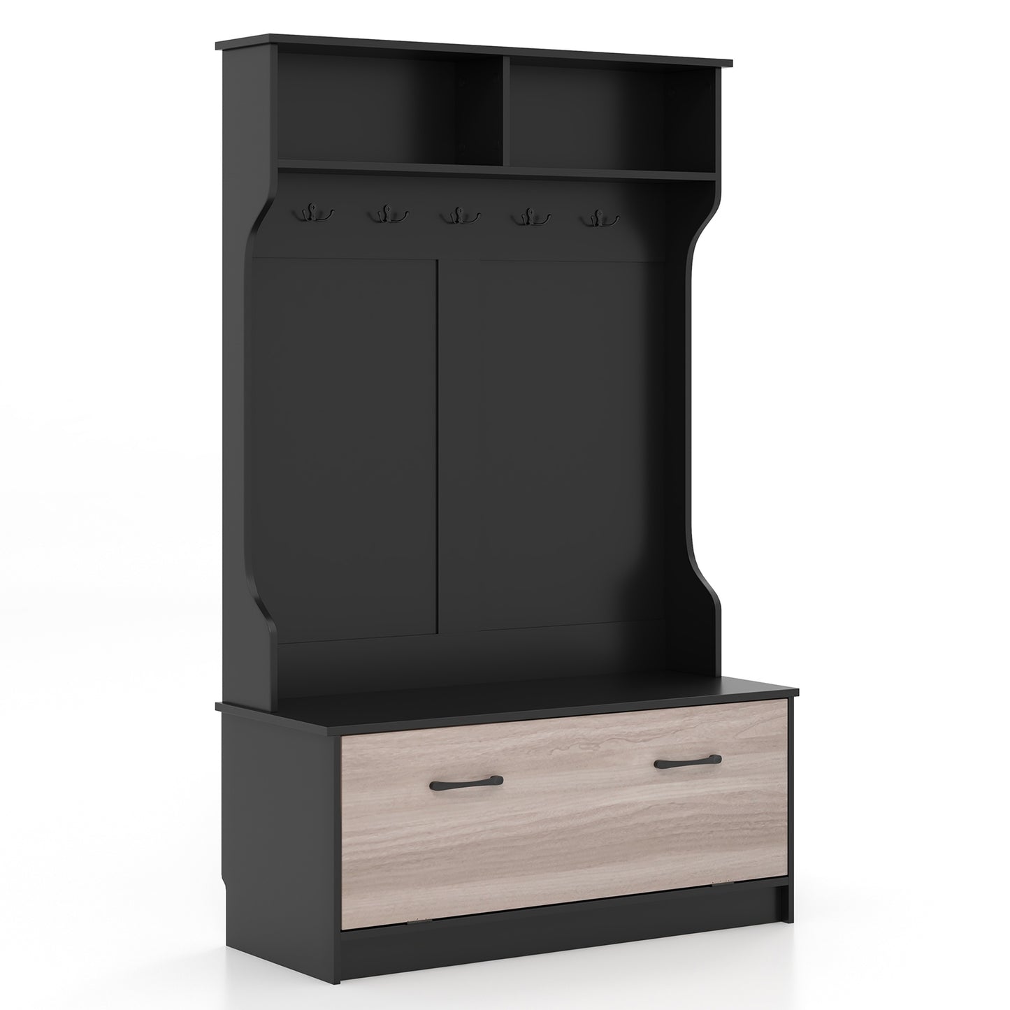 3 in 1 Coat Rack with Entryway Bench and Hooks and Enclosed Cabinet-Black Kids Crystal