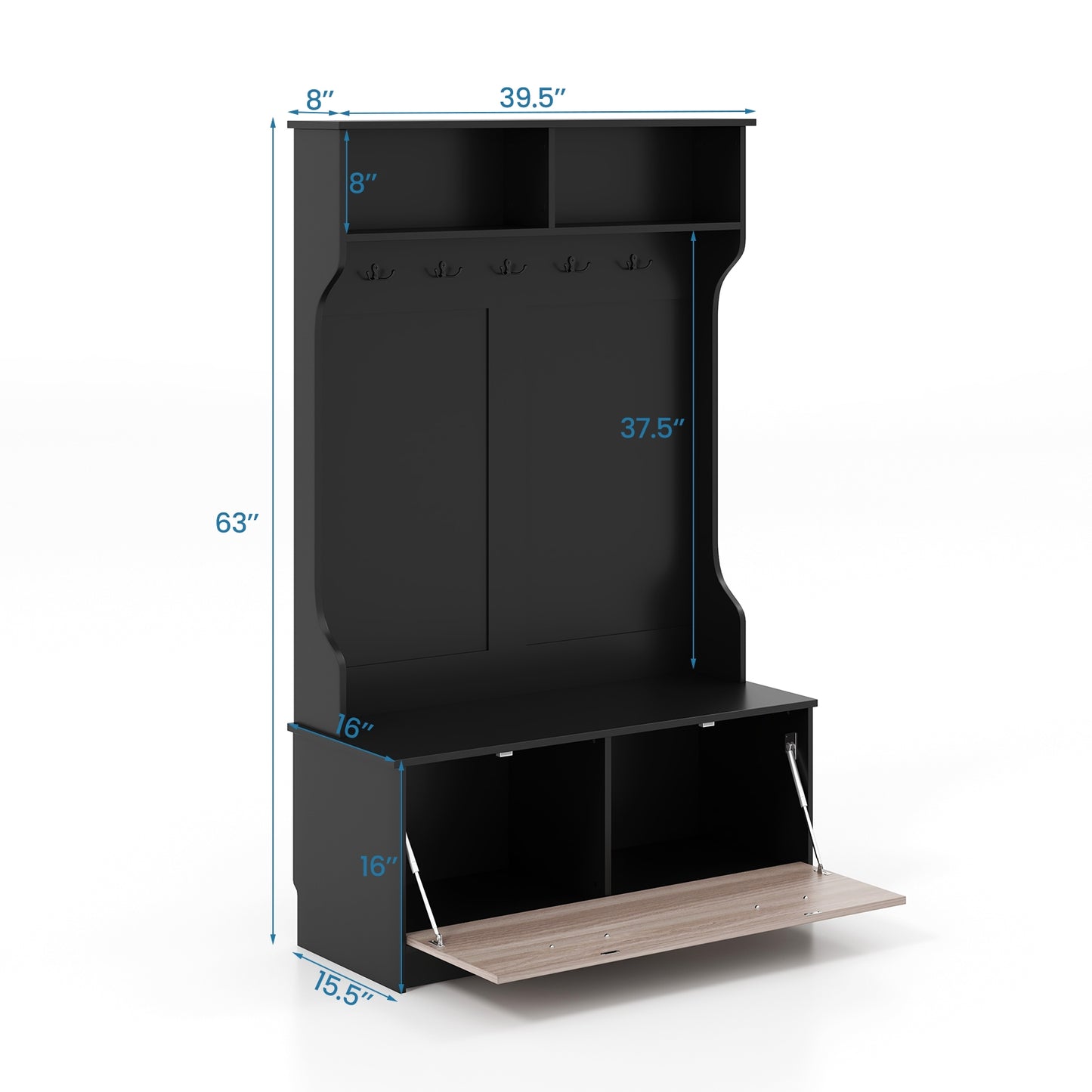 3 in 1 Coat Rack with Entryway Bench and Hooks and Enclosed Cabinet-Black Kids Crystal