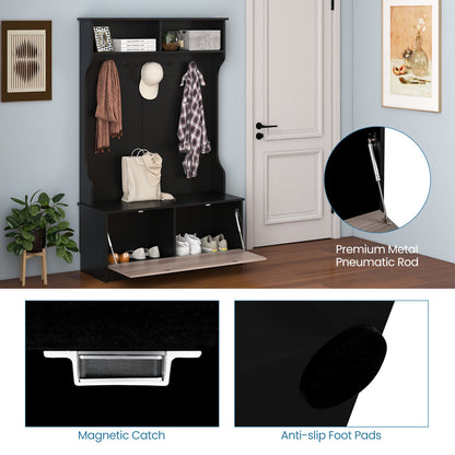 3 in 1 Coat Rack with Entryway Bench and Hooks and Enclosed Cabinet-Black