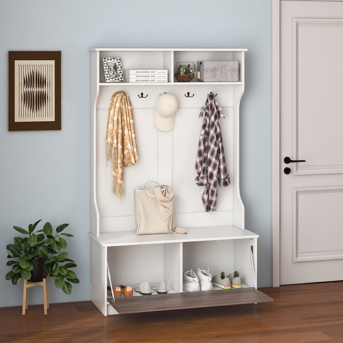 3 in 1 Coat Rack with Entryway Bench and Hooks and Enclosed Cabinet-White Kids Crystal