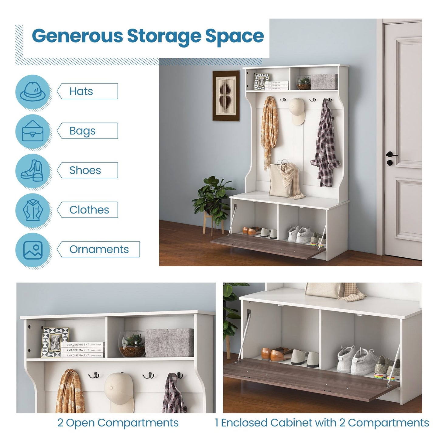 3 in 1 Coat Rack with Entryway Bench and Hooks and Enclosed Cabinet-White Kids Crystal