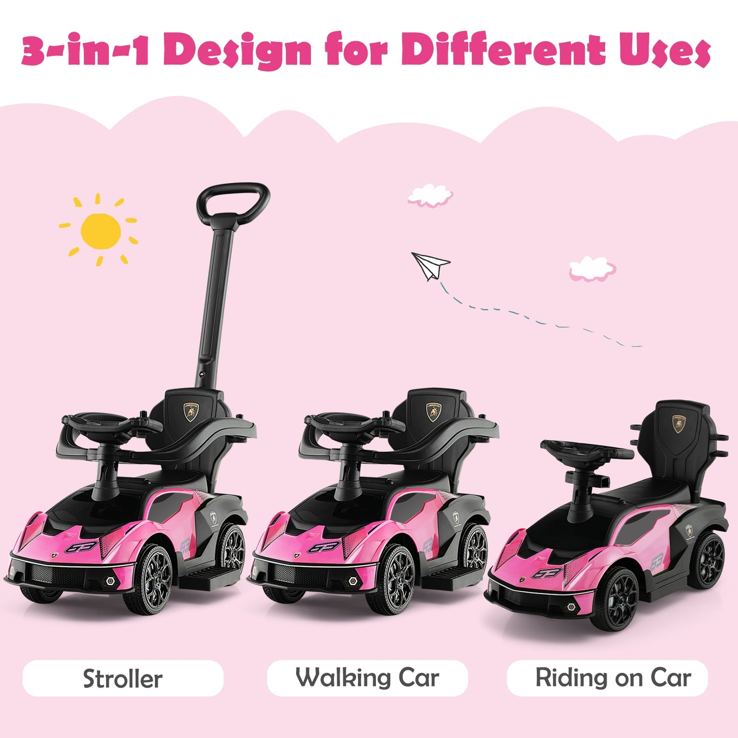 3-in-1 Licensed Lamborghini Ride on Push Car with Handle Guardrail-Pink Kids Crystal