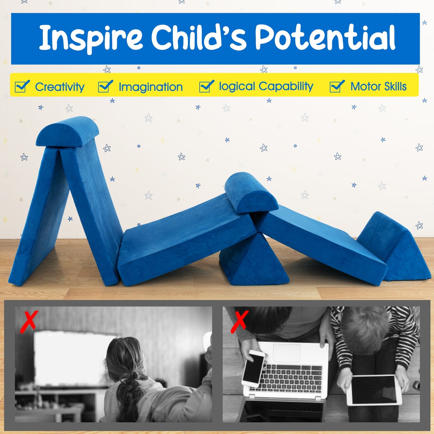 6 Pieces Convertible Kids Sofa Playset with Zipper-Blue