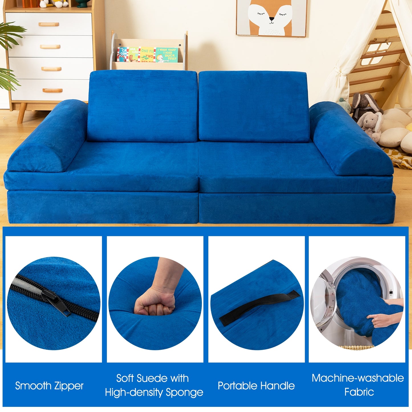 6 Pieces Convertible Kids Sofa Playset with Zipper-Blue