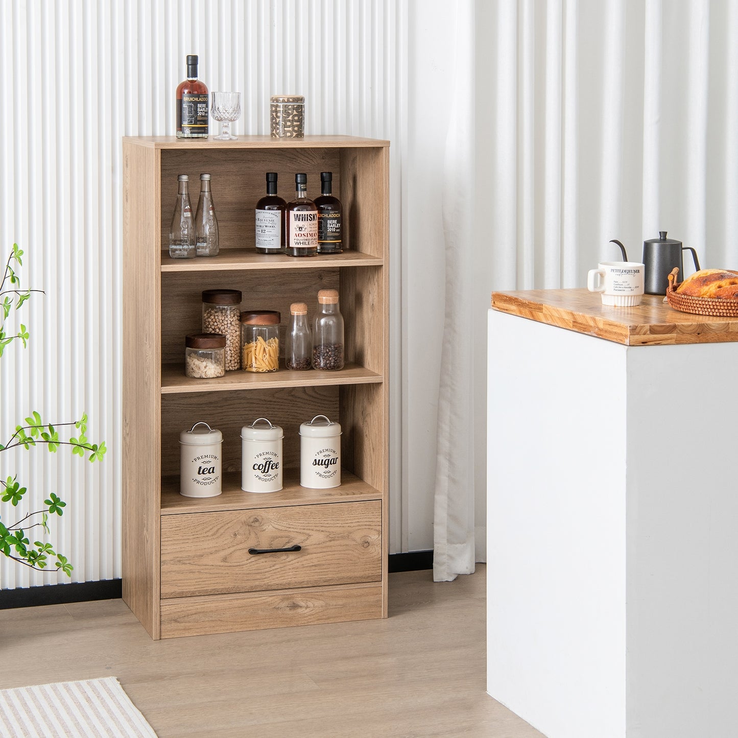 4-Tier Storage Bookcase with Open Shelves Drawer and Anti-toppling Device-Natural Kids Crystal