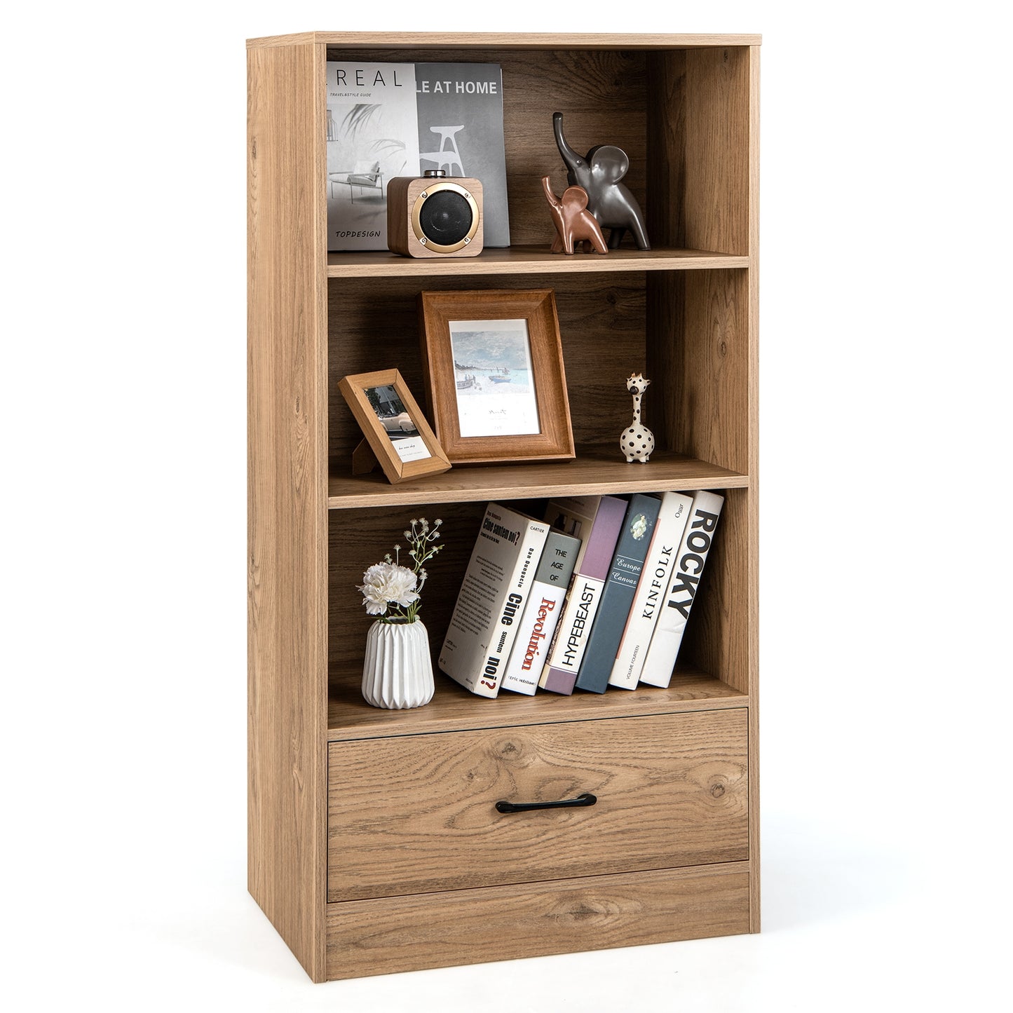 4-Tier Storage Bookcase with Open Shelves Drawer and Anti-toppling Device-Natural Kids Crystal