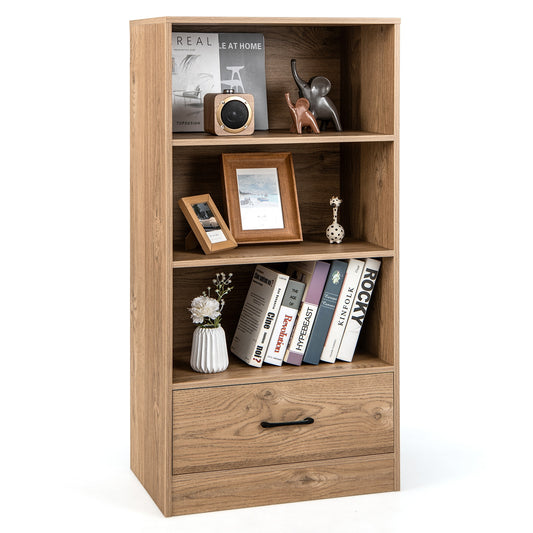 4-Tier Storage Bookcase with Open Shelves Drawer and Anti-toppling Device-Natural Kids Crystal