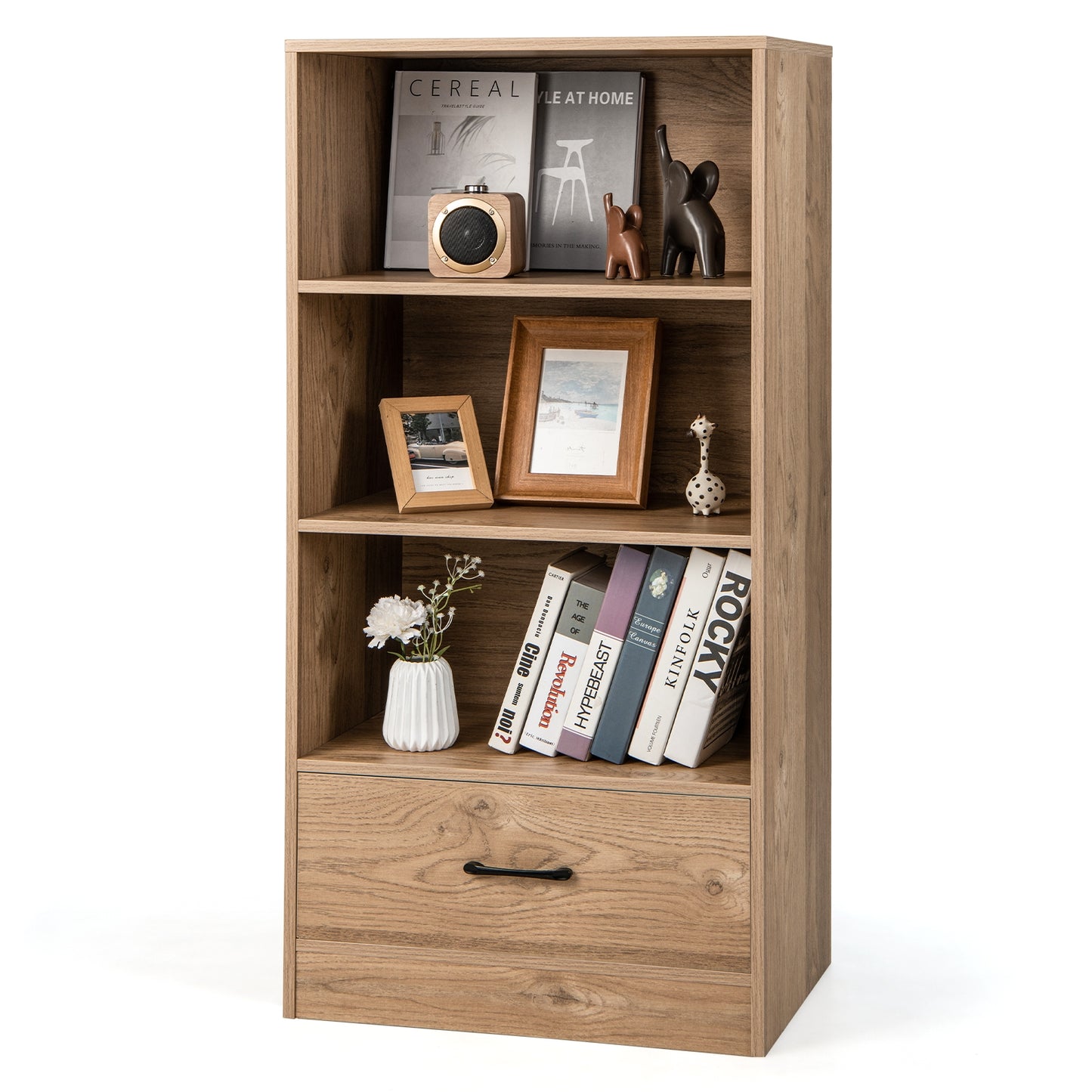 4-Tier Storage Bookcase with Open Shelves Drawer and Anti-toppling Device-Natural Kids Crystal