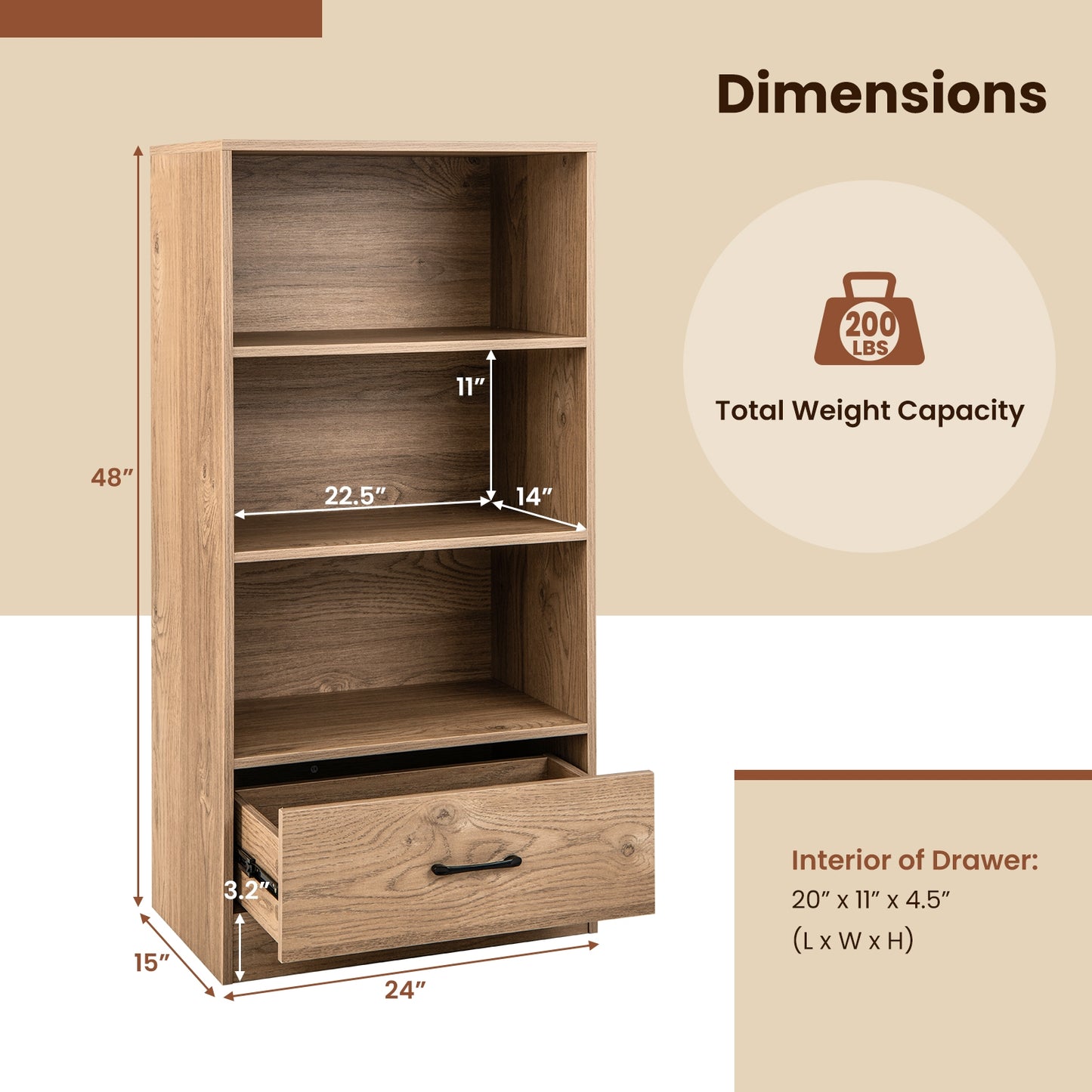 4-Tier Storage Bookcase with Open Shelves Drawer and Anti-toppling Device-Natural Kids Crystal