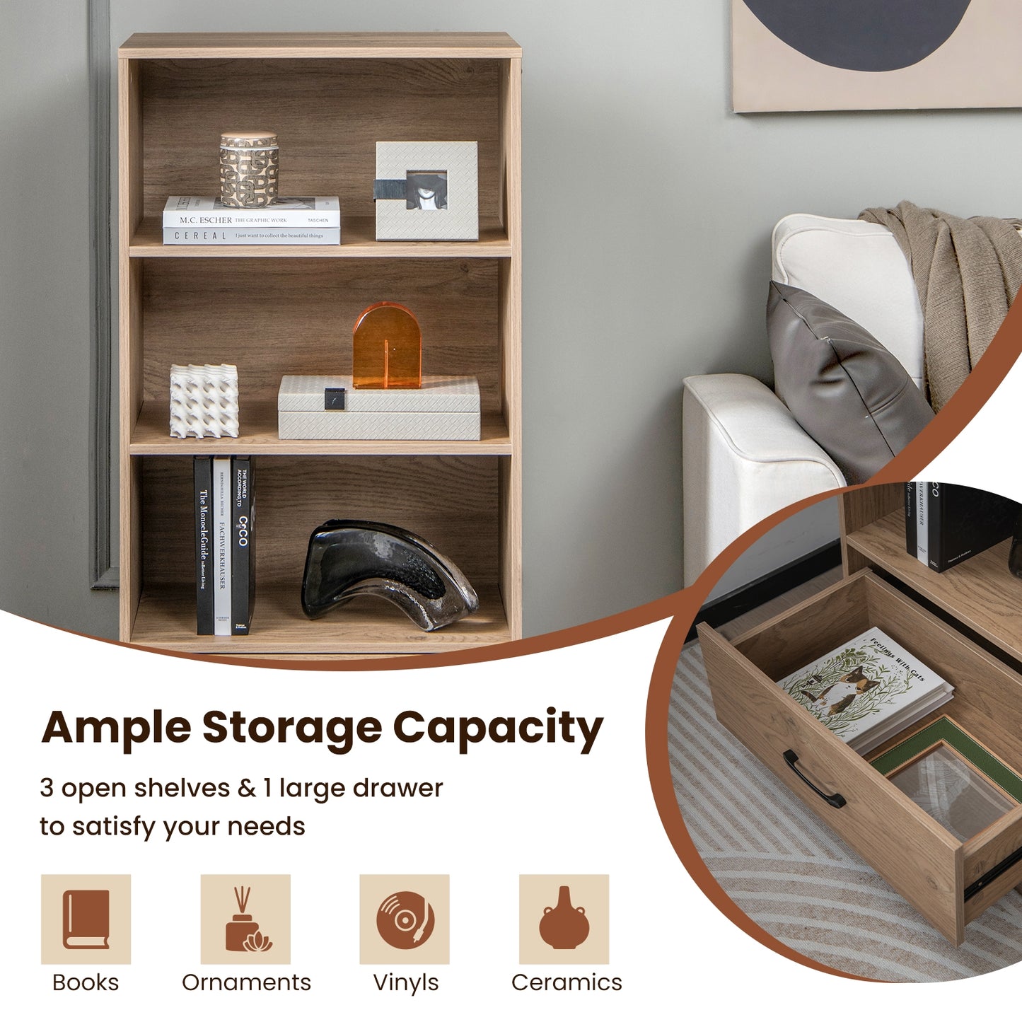 4-Tier Storage Bookcase with Open Shelves Drawer and Anti-toppling Device-Natural Kids Crystal