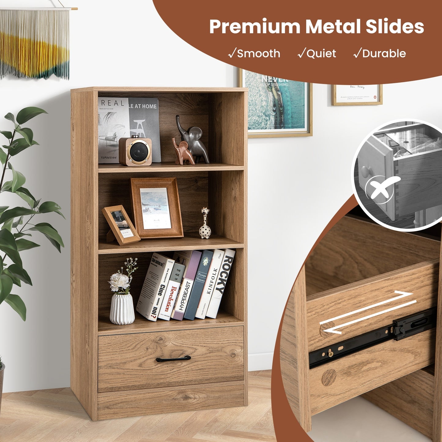 4-Tier Storage Bookcase with Open Shelves Drawer and Anti-toppling Device-Natural Kids Crystal