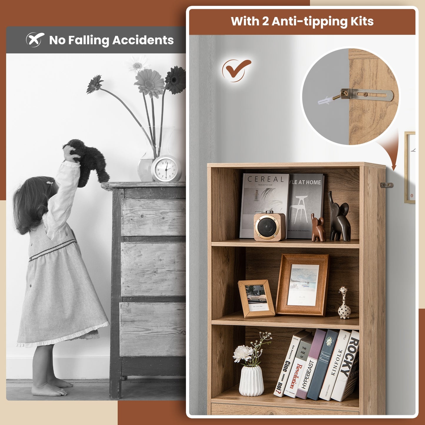 4-Tier Storage Bookcase with Open Shelves Drawer and Anti-toppling Device-Natural Kids Crystal