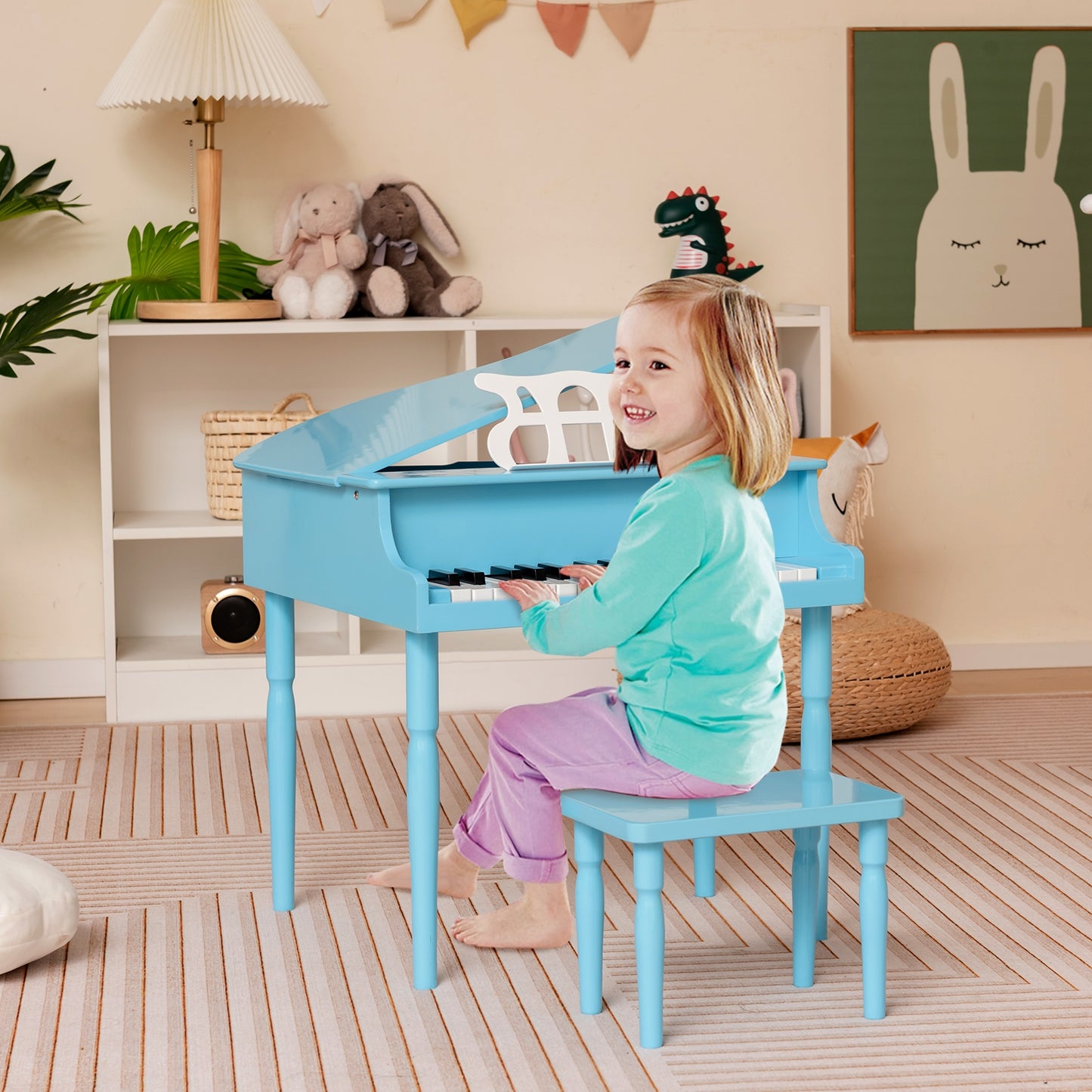 30-Key Wood Toy Kids Grand Piano with Bench and Music Rack-Blue Kids Crystal