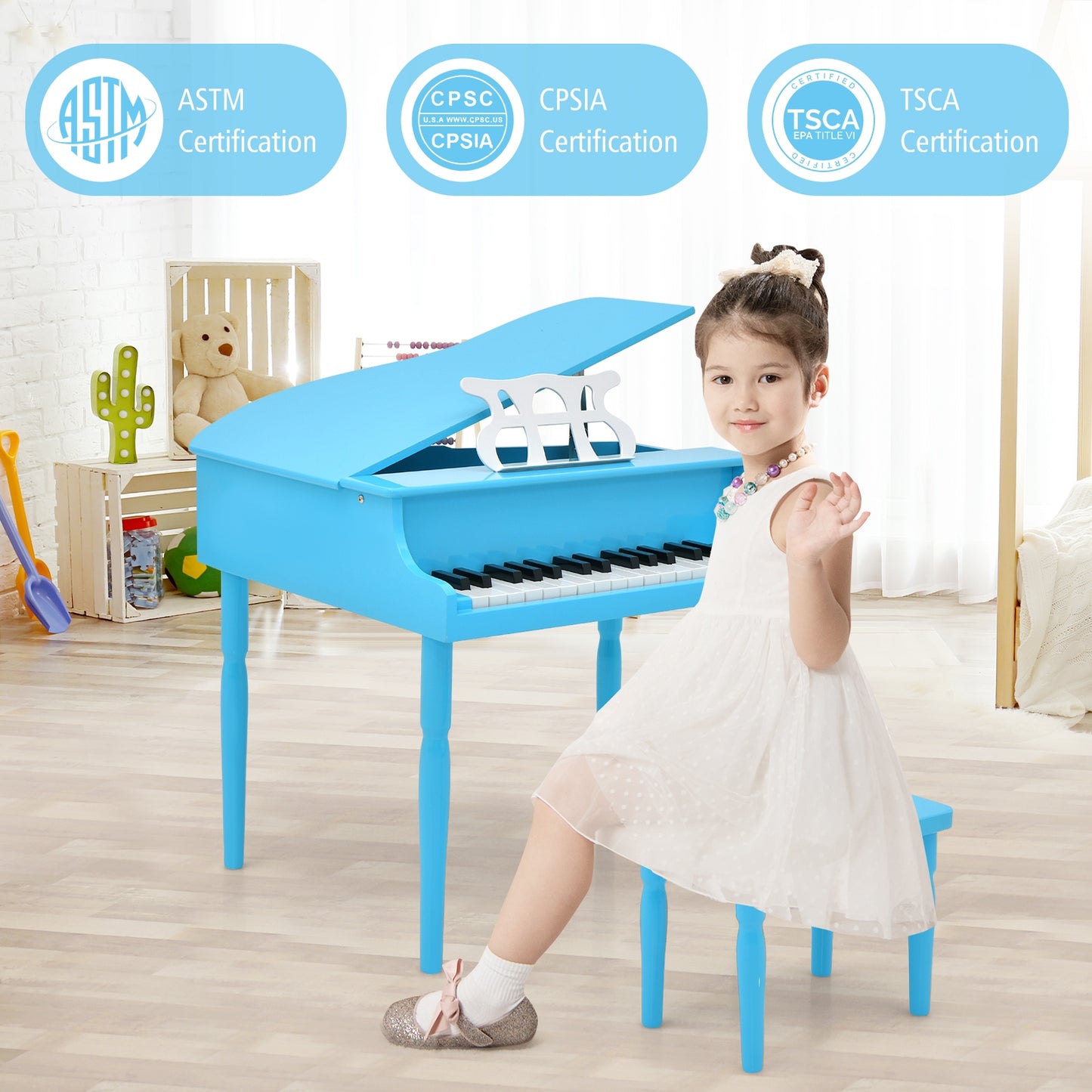 30-Key Wood Toy Kids Grand Piano with Bench and Music Rack-Blue Kids Crystal