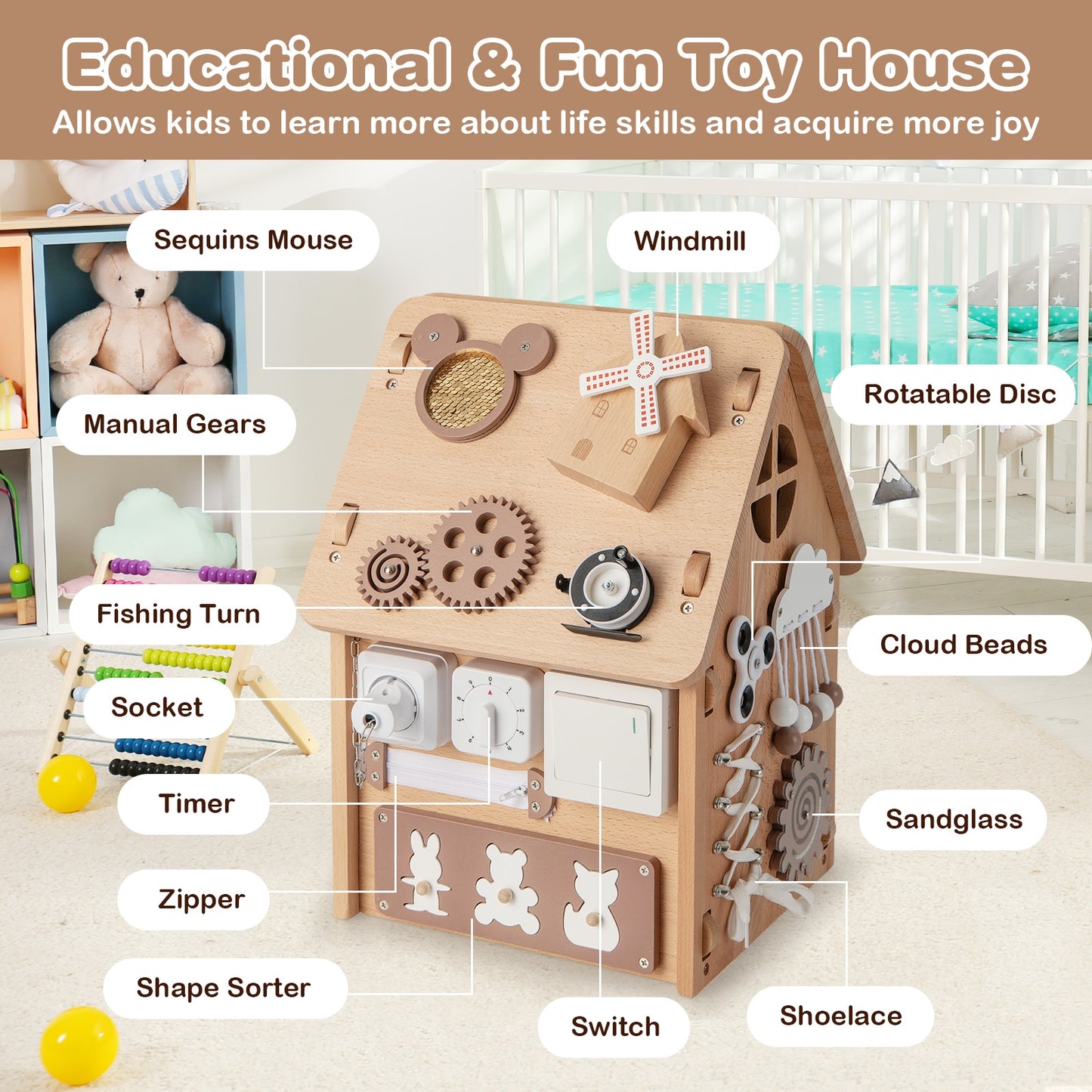 Multi-purpose Busy House with Sensory Games and Interior Storage Space Kids Crystal