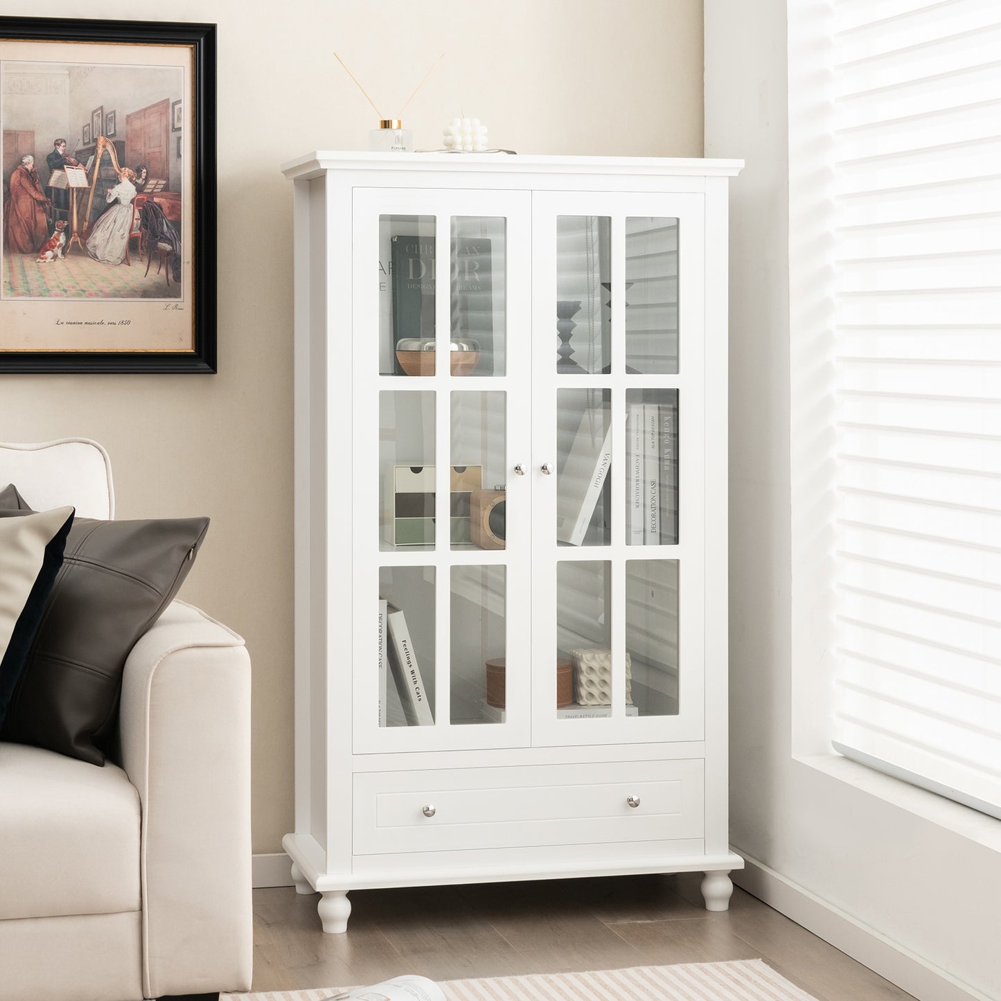 55 Inch Bookcase Cabinet with Tempered Glass Doors-White Kids Crystal