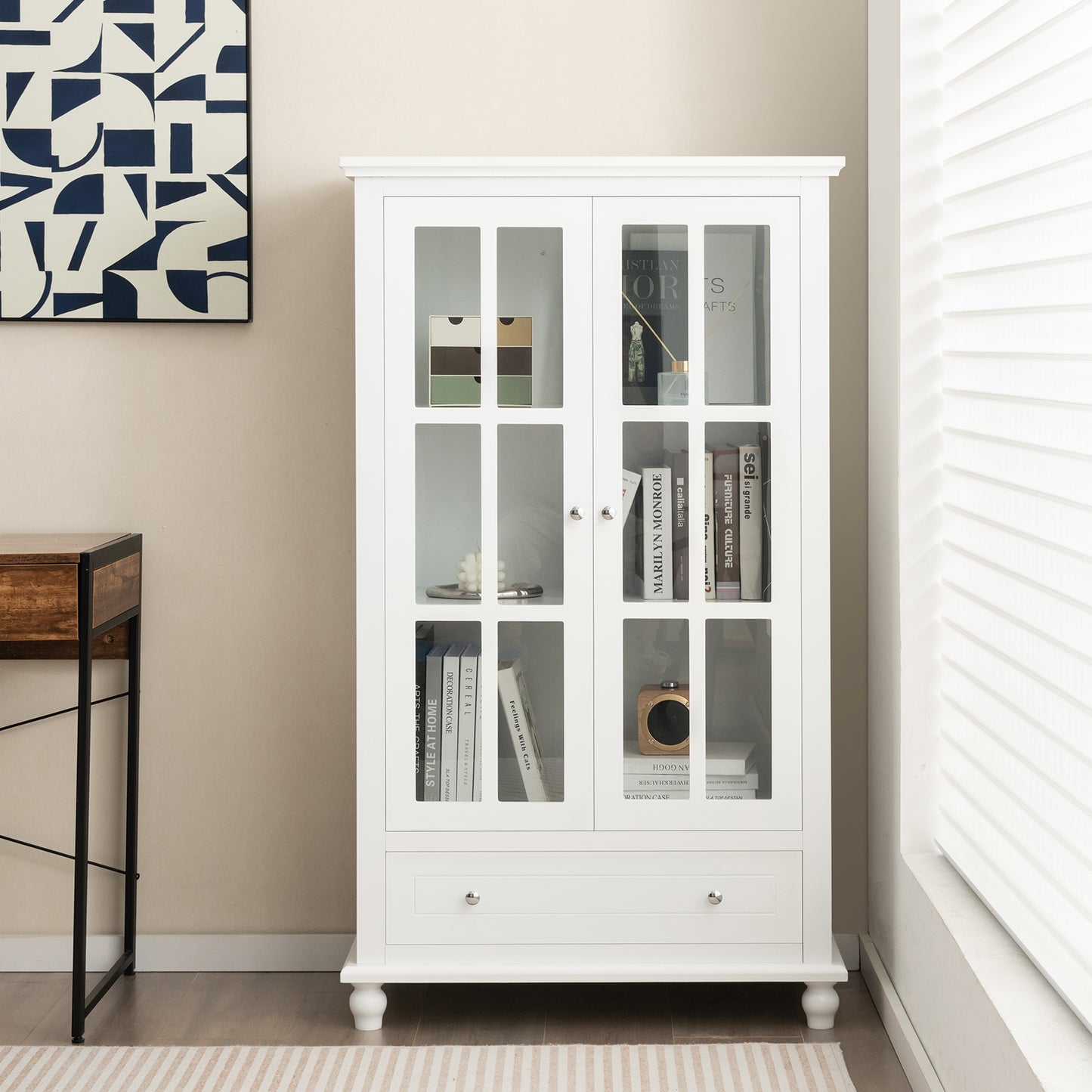 55 Inch Bookcase Cabinet with Tempered Glass Doors-White Kids Crystal