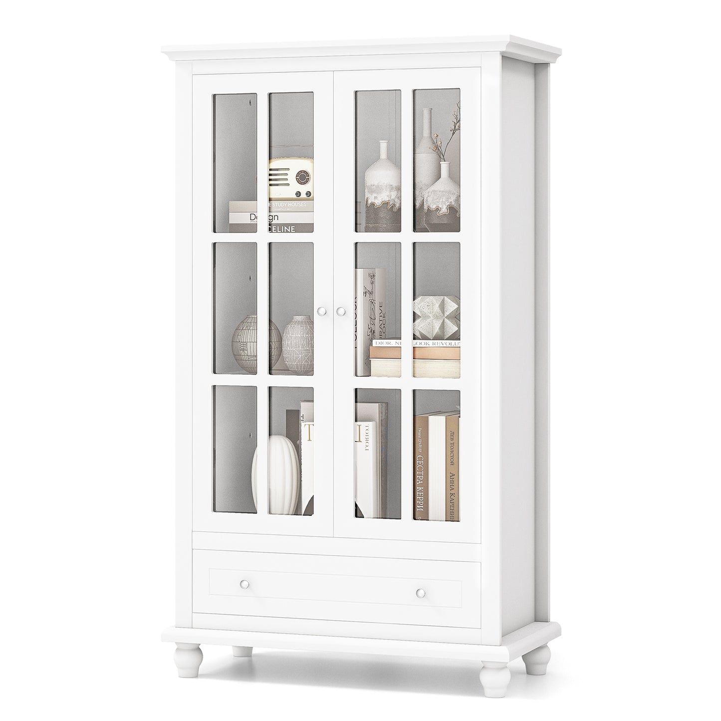 55 Inch Bookcase Cabinet with Tempered Glass Doors-White Kids Crystal