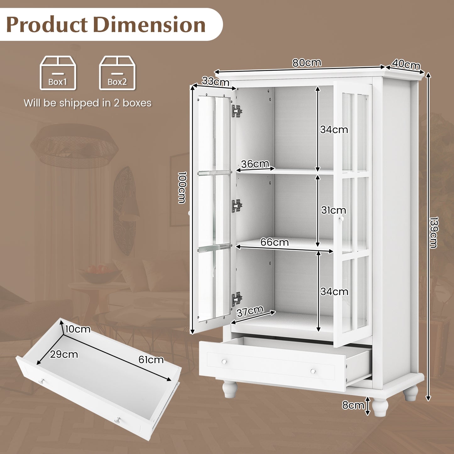 55 Inch Bookcase Cabinet with Tempered Glass Doors-White Kids Crystal