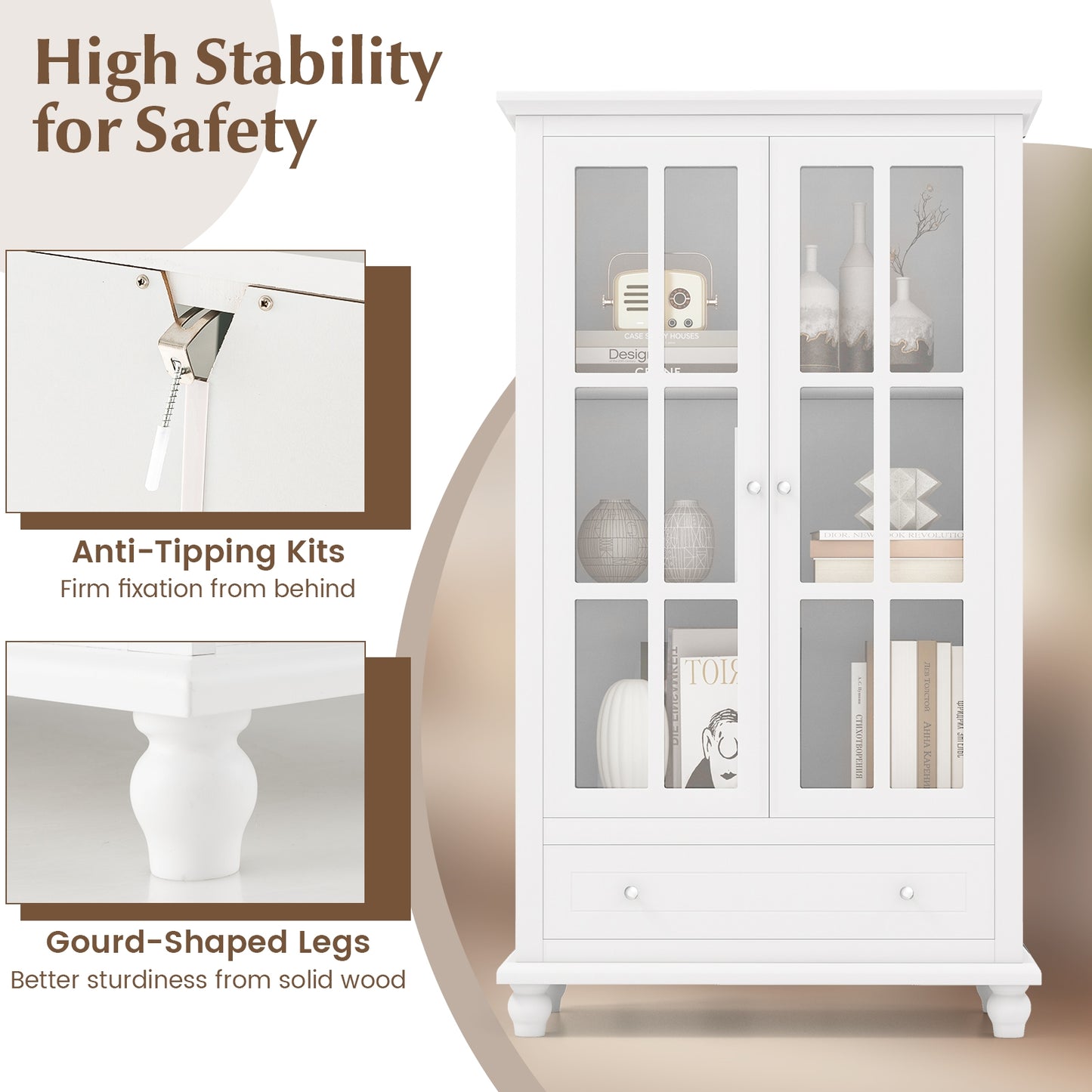 55 Inch Bookcase Cabinet with Tempered Glass Doors-White Kids Crystal