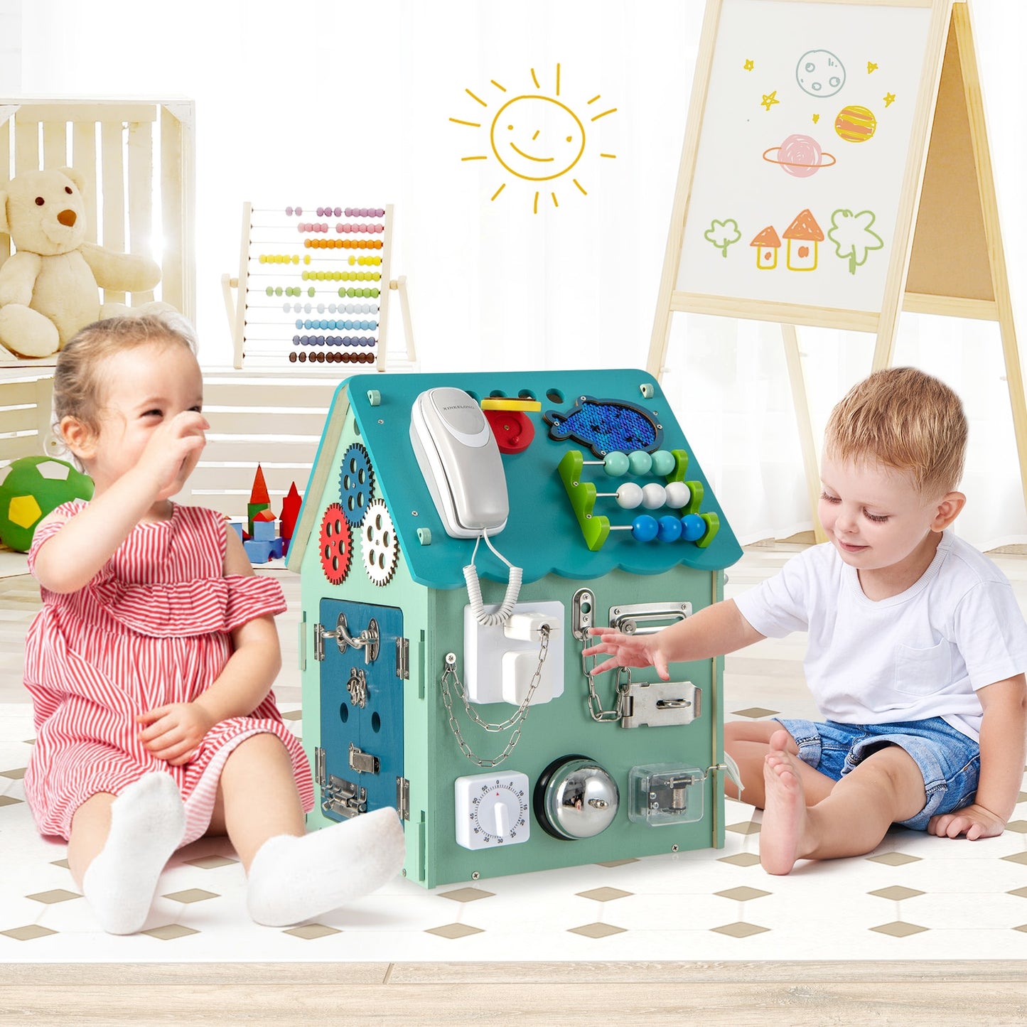 Montessori Play House with Sensory Games and Interior Storage Space-Blue Kids Crystal