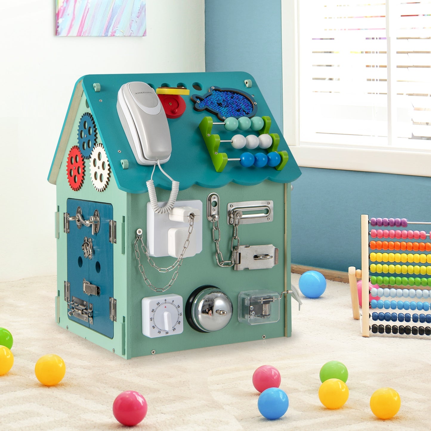 Montessori Play House with Sensory Games and Interior Storage Space-Blue Kids Crystal