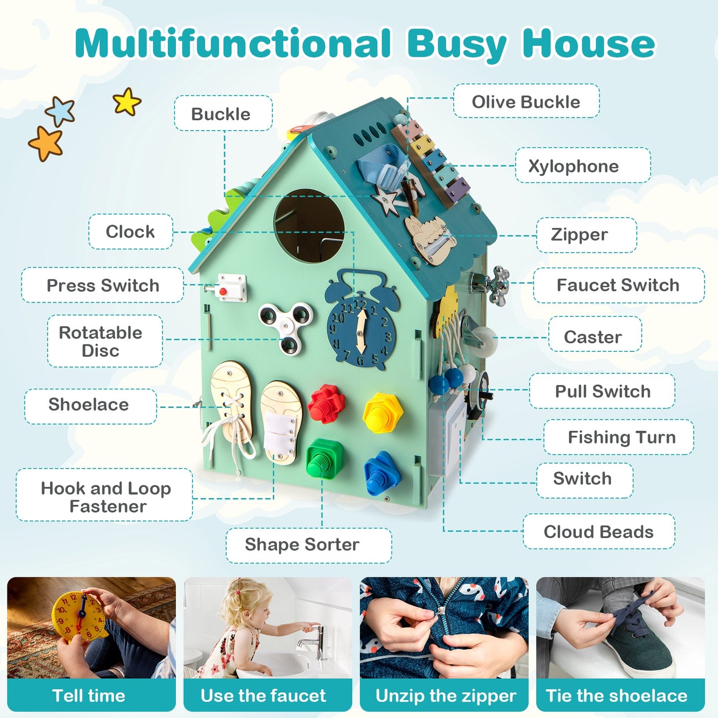 Montessori Play House with Sensory Games and Interior Storage Space-Blue Kids Crystal