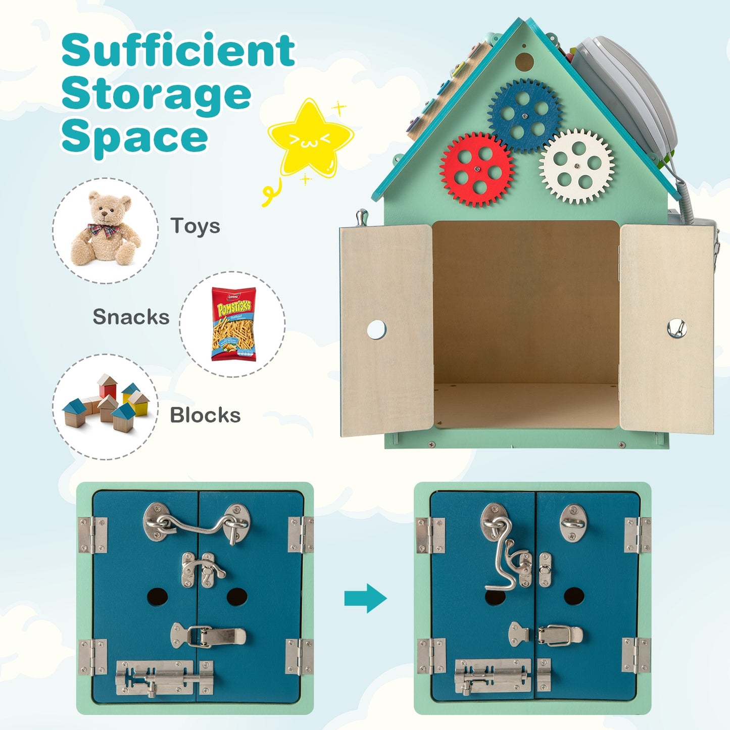 Montessori Play House with Sensory Games and Interior Storage Space-Blue Kids Crystal