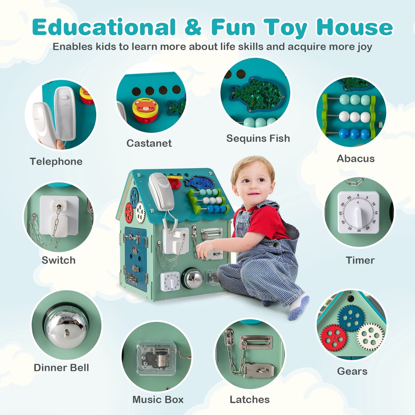 Montessori Play House with Sensory Games and Interior Storage Space-Blue Kids Crystal