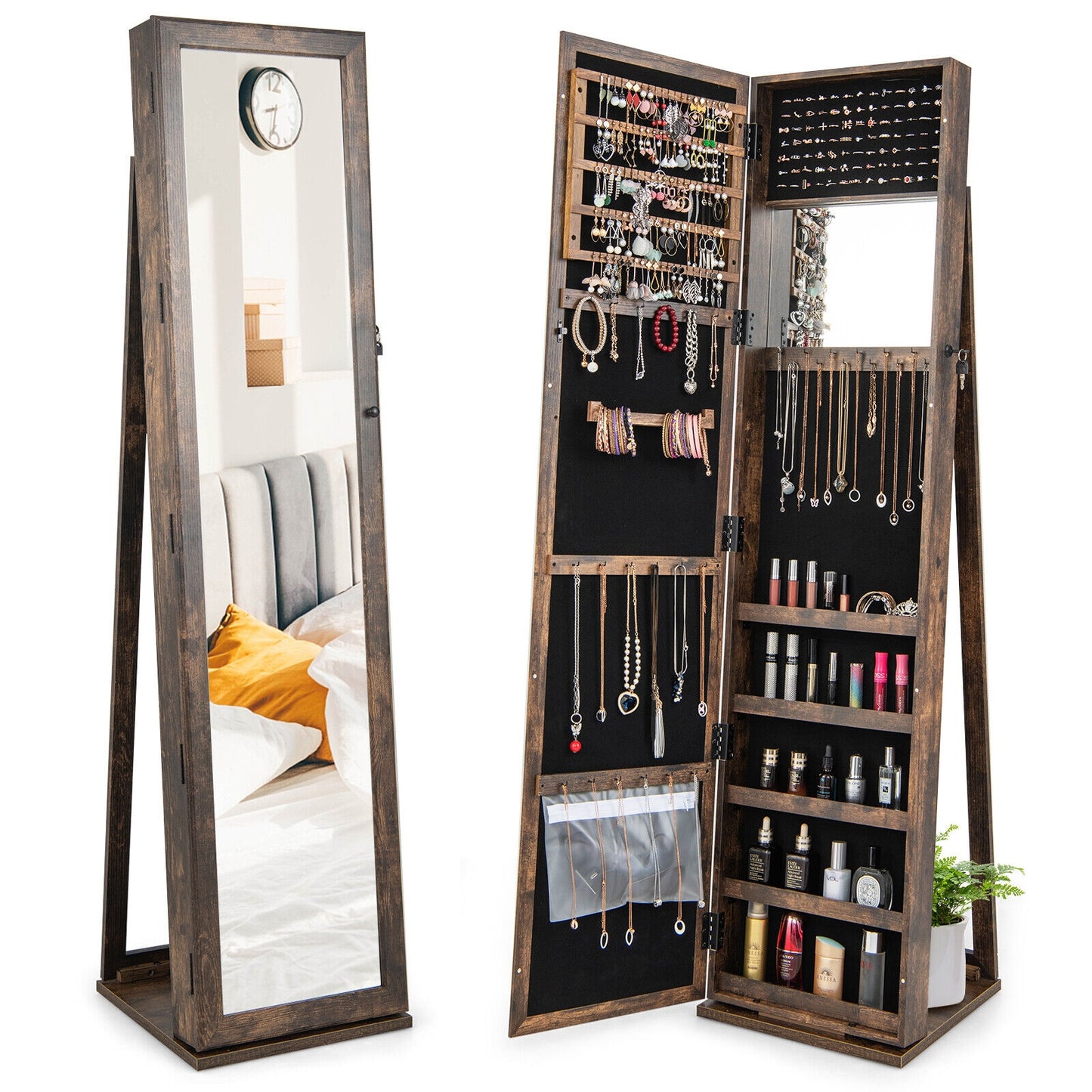 Standing Lockable Jewelry Storage Organizer with Full-Length Mirror-Brown Kids Crystal