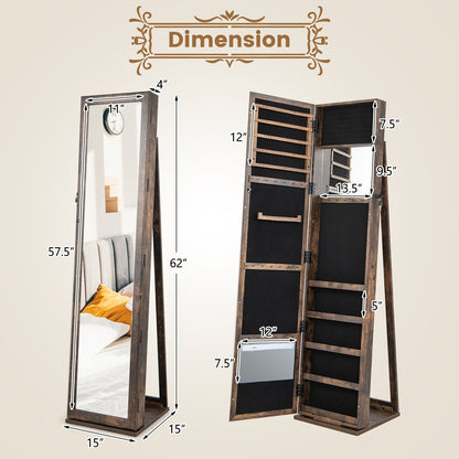 Standing Lockable Jewelry Storage Organizer with Full-Length Mirror-Brown