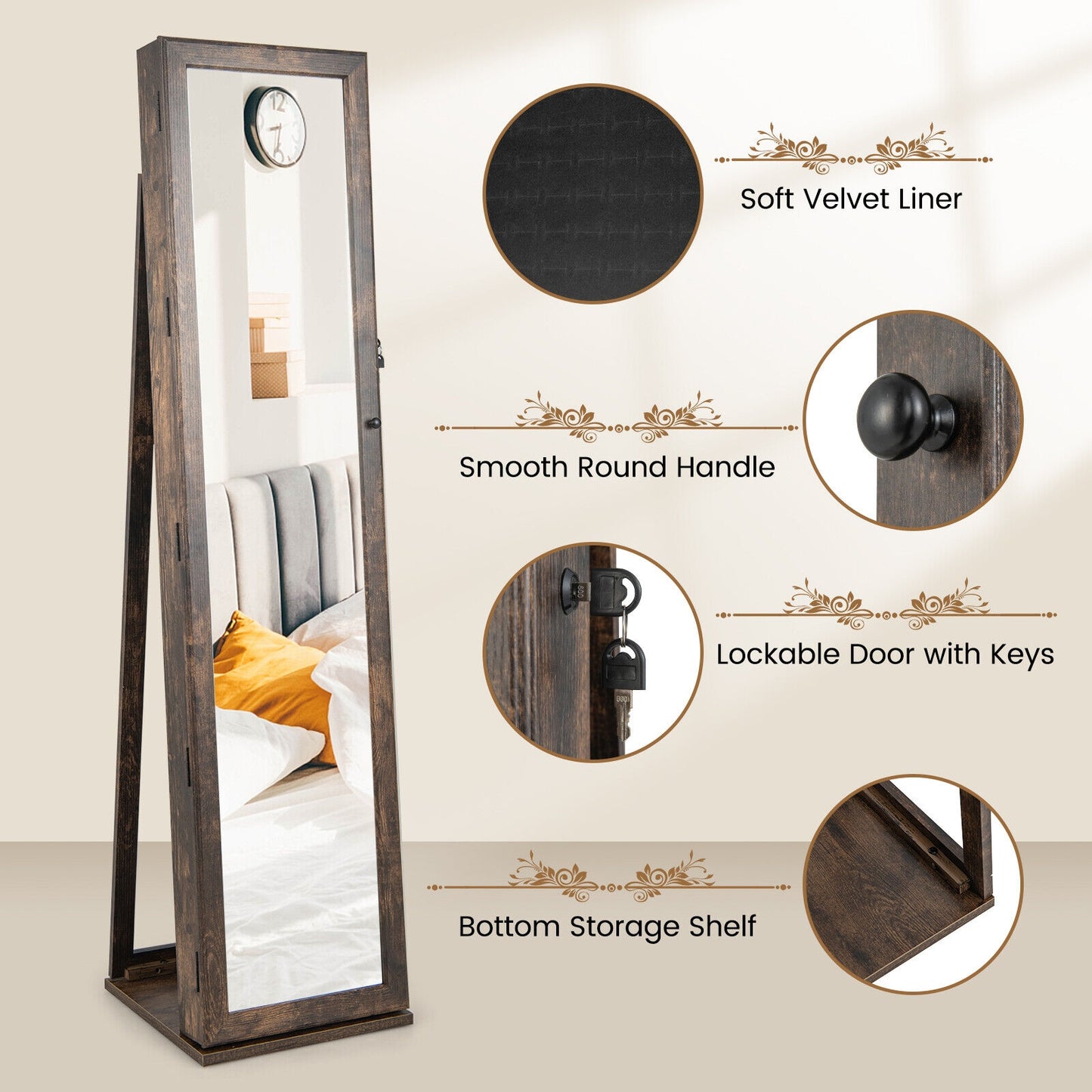 Standing Lockable Jewelry Storage Organizer with Full-Length Mirror-Brown Kids Crystal