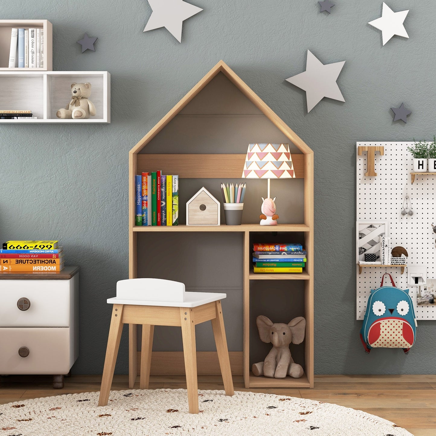 2-in-1 Kids House-Shaped Table and Chair Set-Gray Kids Crystal