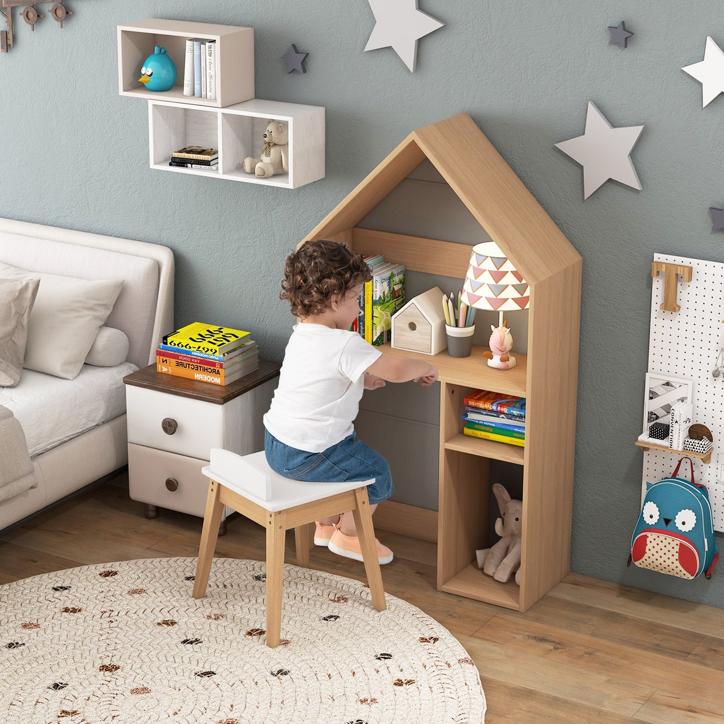 2-in-1 Kids House-Shaped Table and Chair Set-Gray Kids Crystal