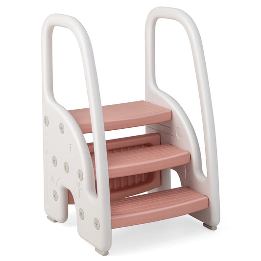 3-Step Stool with Safety Handles and Non-slip Pedals for Toddlers-Pink Kids Crystal