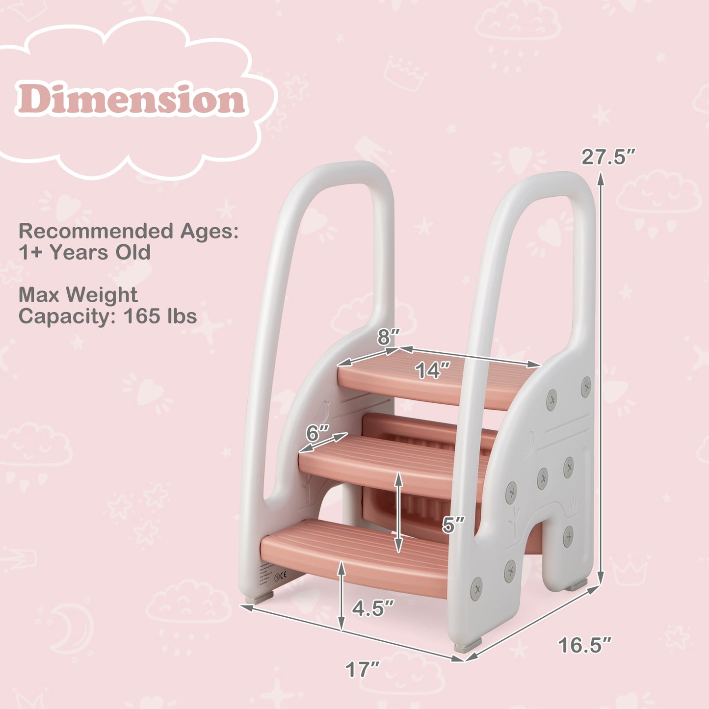 3-Step Stool with Safety Handles and Non-slip Pedals for Toddlers-Pink Kids Crystal