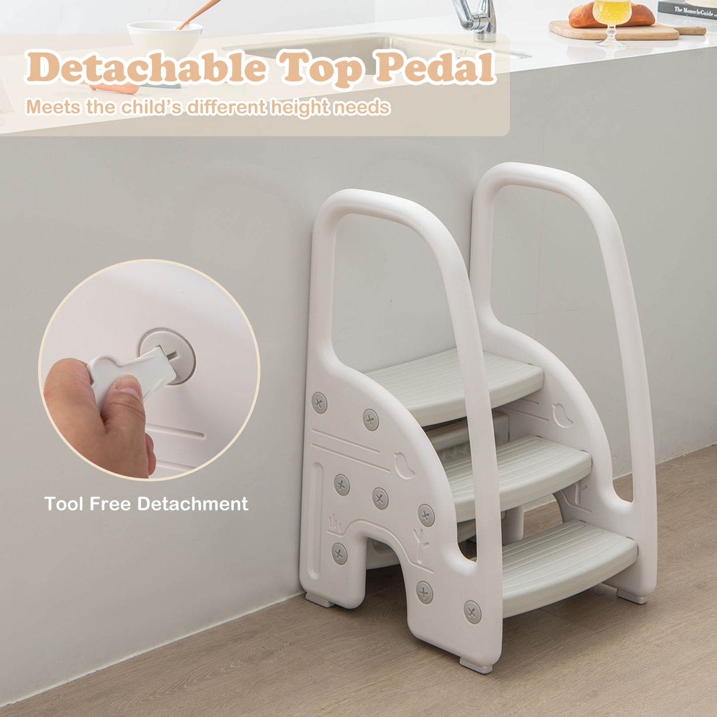 3-Step Stool with Safety Handles and Non-slip Pedals for Toddlers-Gray Kids Crystal
