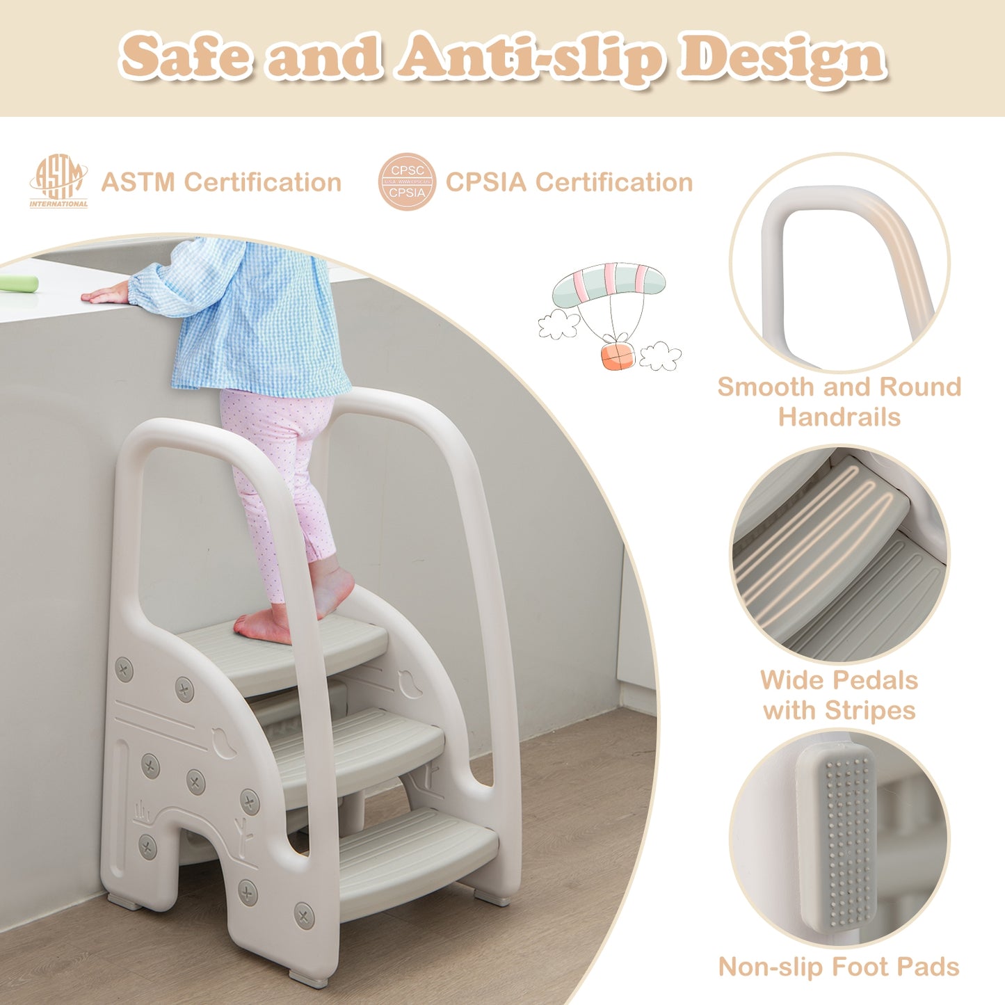 3-Step Stool with Safety Handles and Non-slip Pedals for Toddlers-Gray Kids Crystal
