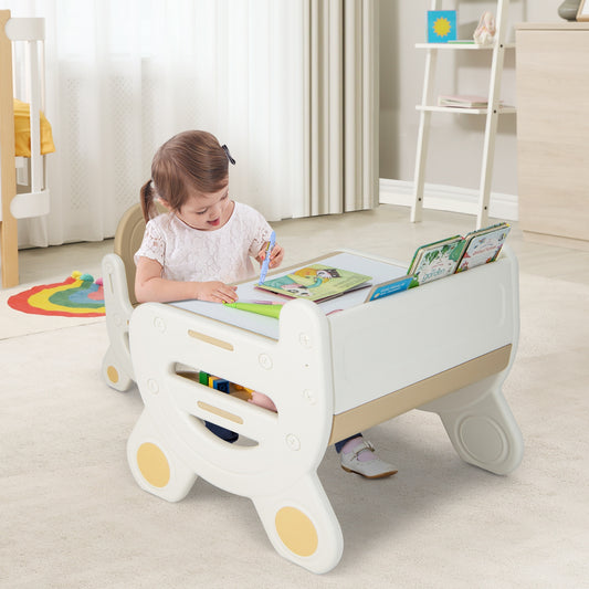 Kids Drawing Table and Chair Set with Watercolor Pens and Blackboard Eraser-Brown Kids Crystal