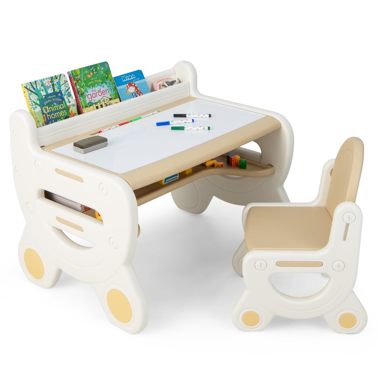 Kids Drawing Table and Chair Set with Watercolor Pens and Blackboard Eraser-Brown Kids Crystal