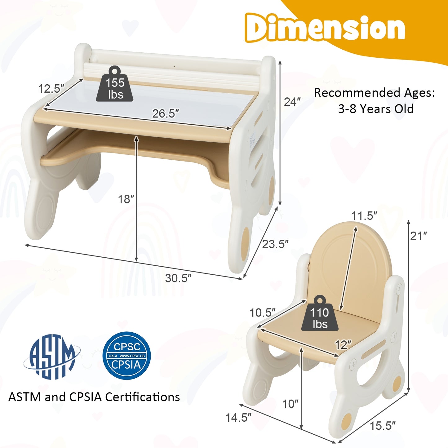 Kids Drawing Table and Chair Set with Watercolor Pens and Blackboard Eraser-Brown Kids Crystal