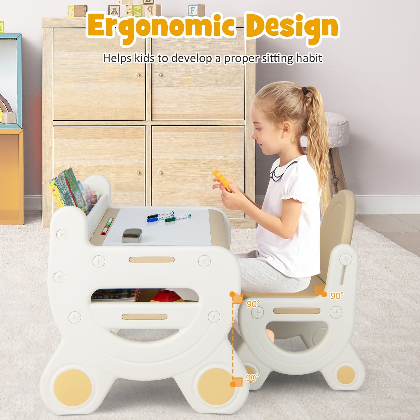 Kids Drawing Table and Chair Set with Watercolor Pens and Blackboard Eraser-Brown Kids Crystal