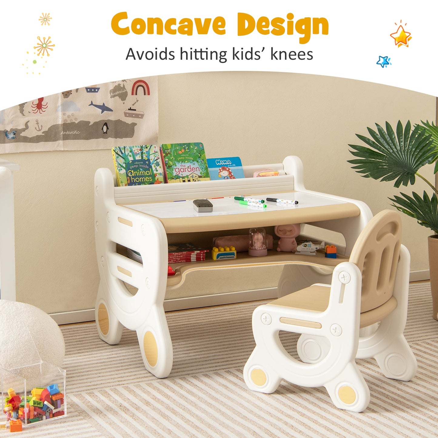 Kids Drawing Table and Chair Set with Watercolor Pens and Blackboard Eraser-Brown Kids Crystal