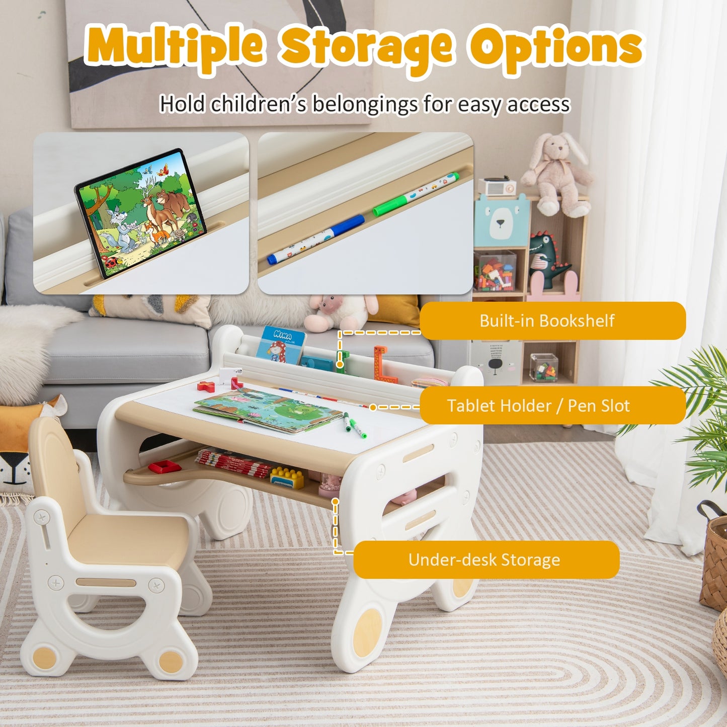 Kids Drawing Table and Chair Set with Watercolor Pens and Blackboard Eraser-Brown Kids Crystal