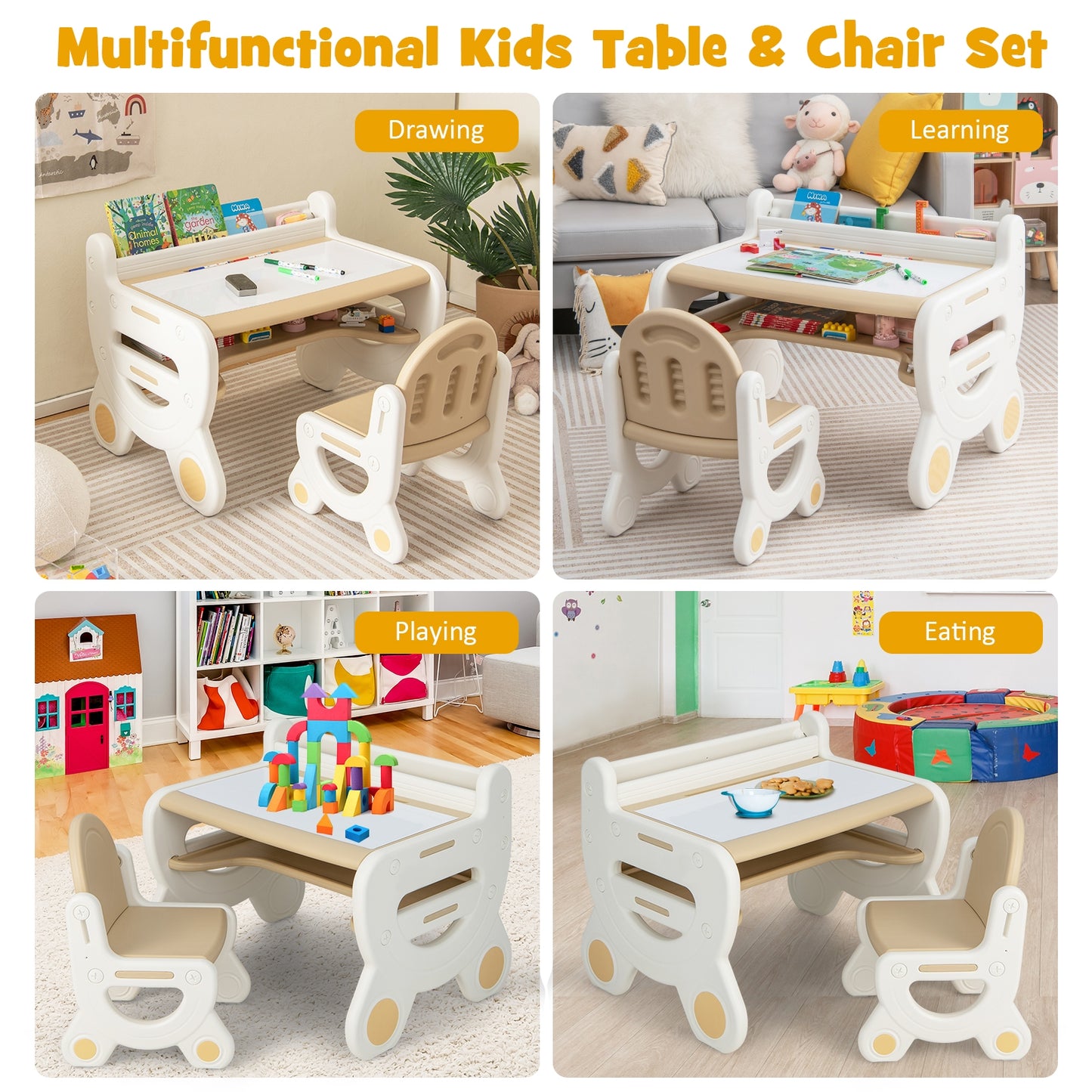 Kids Drawing Table and Chair Set with Watercolor Pens and Blackboard Eraser-Brown Kids Crystal