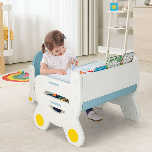 Kids Drawing Table and Chair Set with Watercolor Pens and Blackboard Eraser-Blue Kids Crystal