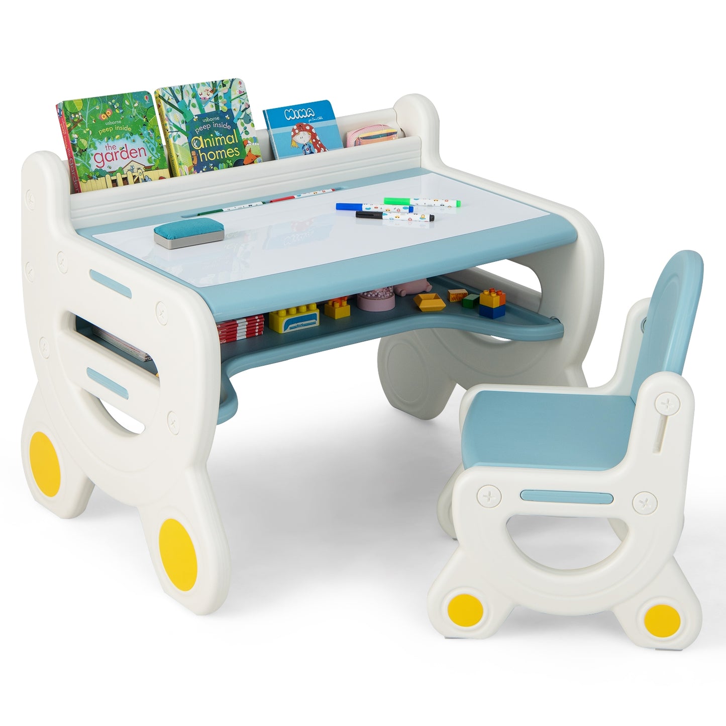 Kids Drawing Table and Chair Set with Watercolor Pens and Blackboard Eraser-Blue Kids Crystal