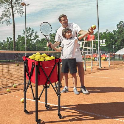 Lightweight Foldable Tennis Ball Teaching Cart with Wheels and Removable Bag-Red
